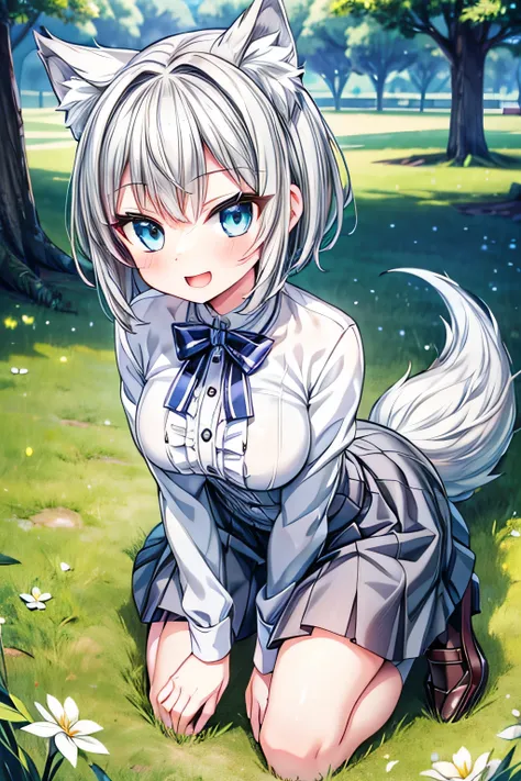(extremely detailed, 8K resolution, with sharp focus, masterpiece, best quality, Moe Art style, sfw):1.2, 1 cute silver wolf lady, slender full body, kneeling on the grass in the park, detailed skyblue eyes, detailed pupil, wicked smile, open mouth, short ...