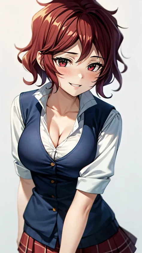 （ super high quality , super high res,16k,super masterpiece,Ultra HD ,Detailed shading and background,） sexy girl ,white shirt with large expansion,Navy blue vest, cleavage, plaid mini skirt ,smile,blush,Open your lips a little,Park in the morning sun, hol...