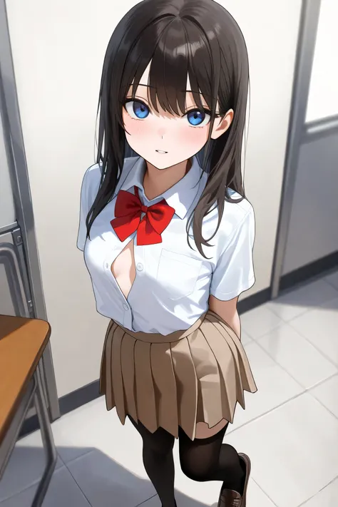 1 girl, schoolgirl, blouse unbuttoned, short brown skirt, small breasts, blue eyes, calm expression, long dark hair, bow tie, stands straight, looks at the viewer, red bow tie, white blouse, school shoes, black stockings, straight dark hair