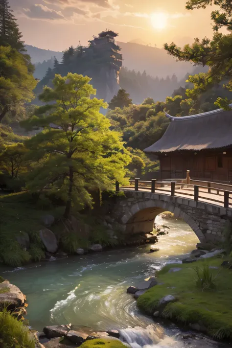 masterpiece,  High Quality ,  high res,8k, Chinese painting ,, 枯れたブドウのtree, Old age ((tree々)), dusk ((Crow)) The sounds are free,, ((Small Bridge)),   Flowing Water , (((Humble Dwelling))),  (horse:1.6),, A cold wind blows from the west ((Ancient road)),, ...