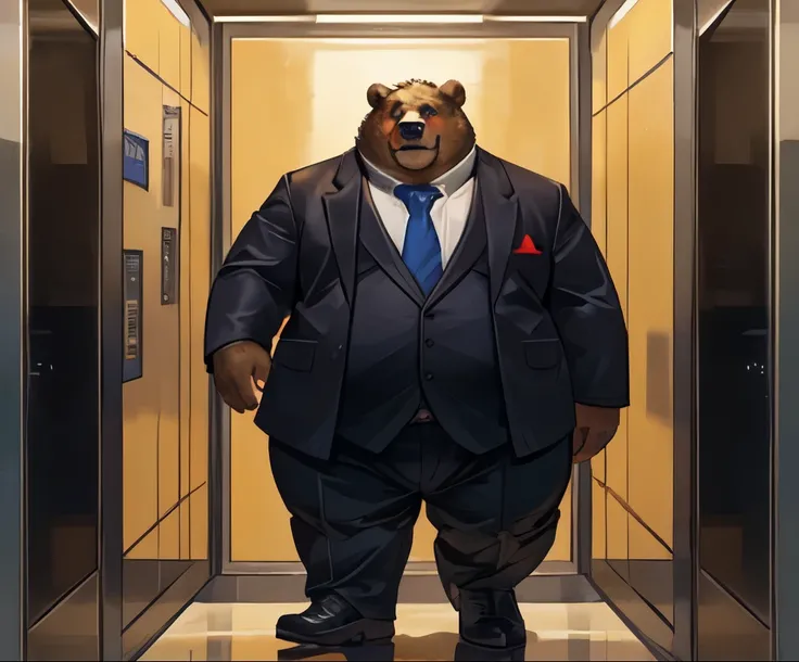 Very Extremely Morbidly-Obese Grizzly Bear with Very Extremely massive Overhang hyper Belly, very extremely overweight, massive belly, chubby face, chubby legs, chubby butt, stuck inside elevator, scar on the face, wears shoes, wears business suit, red eye...