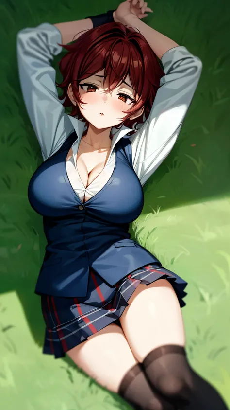 （ super high quality , super high res,16k,super masterpiece,Ultra HD ,Detailed shading and background,） sexy girl ,white shirt with large expansion,Navy blue vest, cleavage, plaid mini skirt , Black Knee Socks ,blush,Open your lips a little,Lie down on the...