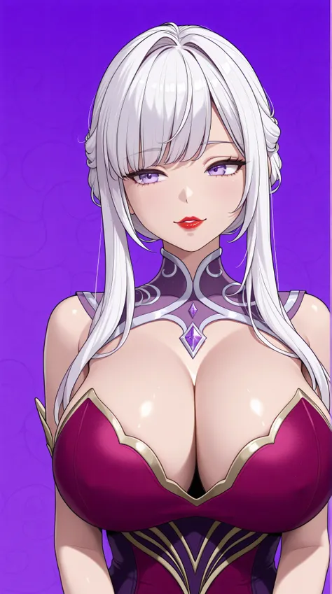 A beautiful asian woman with white hair, big purple eyes, red lips, big breasts, amd very pronounced cleavage stands facing viewer, though an extremely modern girl who could be mistaken gor a kpop superstar at anytime and often was, stands amidst a sea of ...