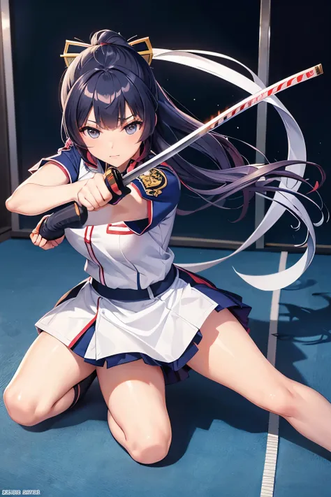 Enlarged photo of a person wearing a uniform and holding 、 scissors,  at the dojo, She has a katana , Anime Fencer, Strongest pose, Katsuragi Misato, seductive anime girl, Nishinomiya Nitroko, Ayaka from Genshin Impact , Fujita Goro!, Tsukasa Dokite, Mai Y...