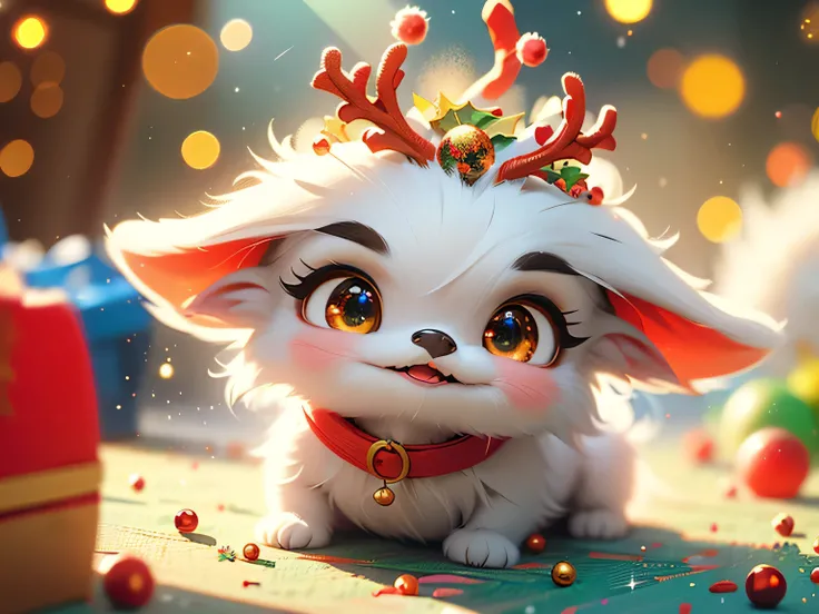 Funny Christmas meme featuring a Chihuahua puppy who has scattered all the presents under the tree. Show the puppy with big surprised eyes looking at the mess around him as if he has nothing to do with it. Add some funny text like: I just came to see whats...