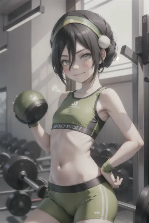 Anime style, 1 girl , toph beifong , young girl , skinny body ,solo , short  hair ,sweat , flat chest ,sport bra ,  smug face smile , blush, pantie , standing,  gym .