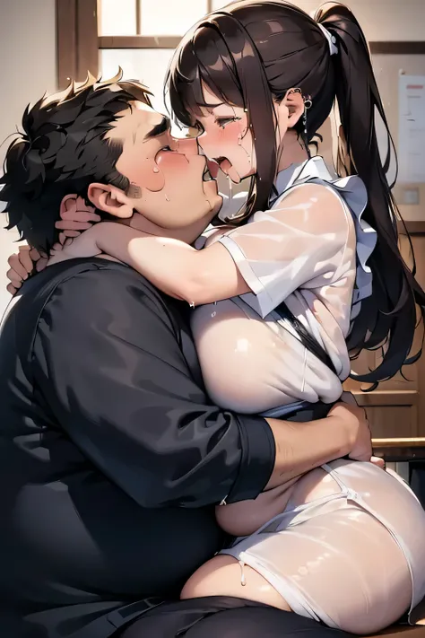 (girl, Fat middle-aged man:1.2), Maid clothes、blush、(kiss)、(hug)、office、Very detailed、High Resolution度、4K、masterpiece、High Resolution、(tears:1.8)、(Clothes are see-through:1.2)、heart、(Side view)、sit、Straddle a man、Sex、Big Breasts