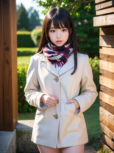 (Best-quality, Masterpiece, Ultra-High-Resolution, (Photorealistic:1.4), Raw Photo, depth of field, professional lighting), 1girl, 15-years-old, the most famous Japanese idol, (wearing extremely realistic outfits, (adorable-panties:0.5), duffel-coat, scarf...