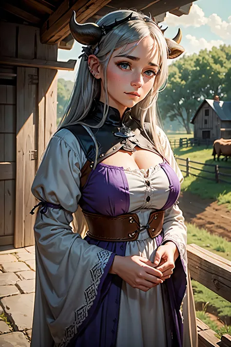 Young woman cow , (Gray hair with little horns ), purple eyes,  calm expression ,  farm background on a quiet morning, medieval times,  Historical precision ,  well detailed .