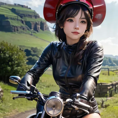 (A young female rider speeds along on a motorcycle)、Vintage Bikes、Bluff Superior SS100、Isle of Man Races、Leather jumper、Cromwell helmet with goggles、After the Rain、English countryside、(Highest quality, masterpiece, High resolution)、8k、wallpaper,masterpiece...