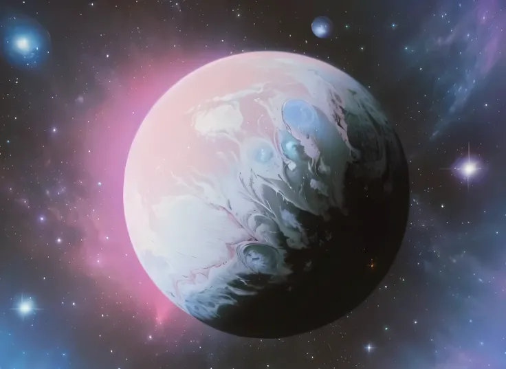 there is a picture of a planet in the space with stars, dyson sphere program pink planet, space scene, fantasy planet, science fiction painting, airbrush fantasy 80s, another planet, space art, vaporwave sci - fi, scene in space, 8 0s airbrush aesthetic, i...