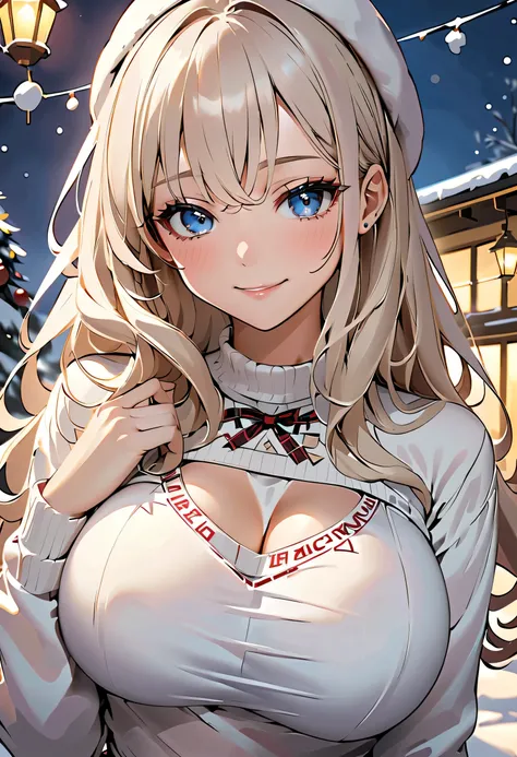  long-haired woman , albino hair,  white hair , cute hairstyle ,  straight hair ,  sky blue eyes, PIEL BLANCA,  blushing , smiling,  big boobs, Milf,  dressed in a Christmas sweater,  sweater with neckline , marked neckline,  protruding breasts , sexy, hot...