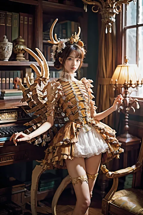Mekkogu, One girl , Rococo Madame Pompadour, deer antler, dress, Cockerel , Jungle, creepy, (( spine ribs )), fragonard 、Boucher、 in Watteau style