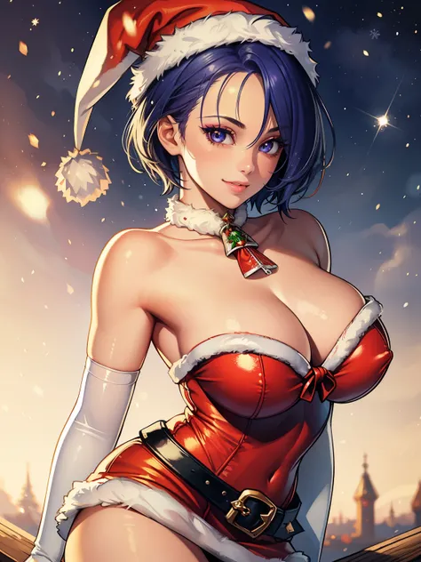 1girl, solo, masterpiece, best quality, high res, highly detailed, (illustration), beautiful detailed eyes,defShamir,short hair ,glossy lips, makeup, smile, long white satin elbow gloves, cowboy shot, (santa), red santa dress, santa hat, strapless dress