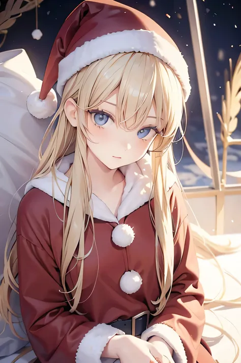 blonde hair, blue eyes, long hair, santa costume, santa hat, 