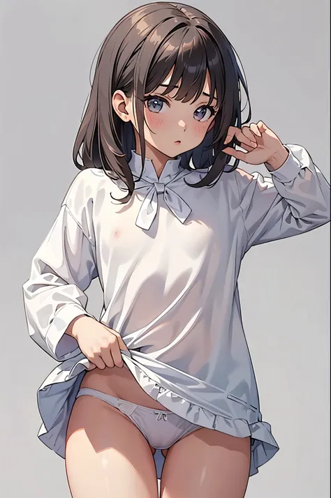  Clear Images 、 official 、8k、VERY BEAUTIFUL IMAGE QUALITY 、 1 girl、 Blurry Background、 Towards Viewers 、 cute、nsfw、(( small bust:1.3)), very short skirt、Tuck Up、(( white panties))、underwear、 blurred background 、((Gray background)),white background, simple ...