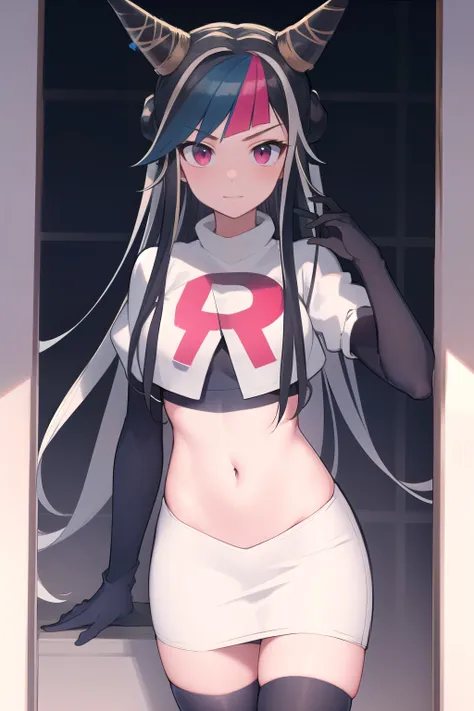 masterpiece, best quality, highres, mibuki, multicolored hair, hair horns, cone hair bun, cowboy shot, team rocket,team rocket uniform,white skirt,red letter R,crop top,black thigh-highs,black elbow gloves