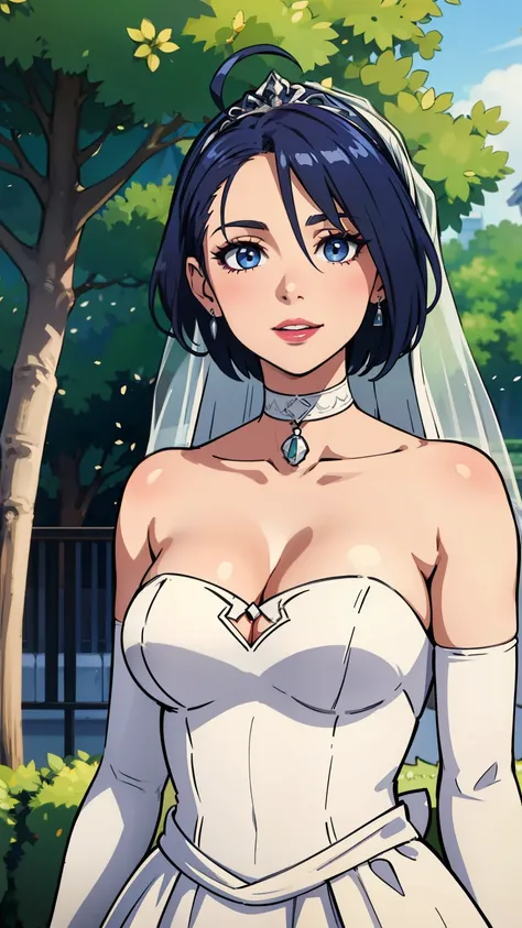 1girl ,defShamir ,short hair ,earrings ,lipstick, eye shadow, makeup, hair between eyes, ahoge, hair ornament, gloves, dress, cleavage, bare shoulders, collarbone, white elbow gloves, white gloves, white dress, strapless, white choker, tiara, veil, straple...