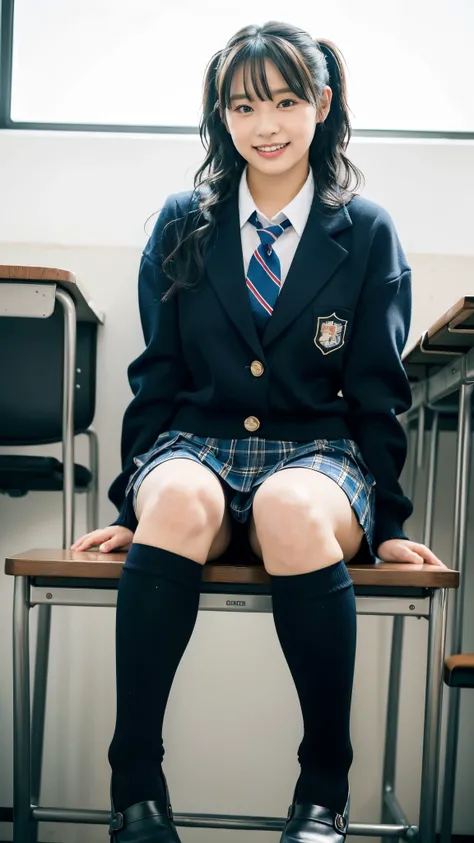 Highest quality, 4K, 8k, High resolution, masterpiece, Genuine, Realistic, Realistic:1.3), (upper body), Girl sitting on the school desk in classroom, blue neckerchief Uniform, Dark Blown Blazer, blown plaid skirt, Gal Makeup, wearing oversize dark sweater...