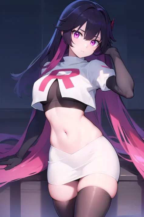 honkaisparkle, black hair, colored inner hair, glasses, hair intakes, hair ornament, hairclip, long hair, multicolored hair, (pink eyes:1.3), purple hair, straight hair, 
BREAK team rocket,team rocket uniform,white skirt,red letter R,crop top,black thigh-h...