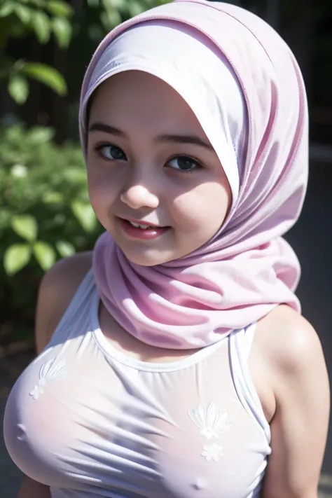 Jumbo (Singlet), Chubby adorable, 1 girl, (face to face), ************, baby face, happy, half body portrait, (face details: 1), (eye details: 1), ((big breasts)). wearing transparent transparency soft soft long shirt, hijab, .. Cute posed. proportional bo...