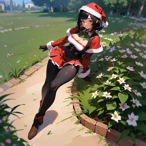 ( high quality,  High Resolution , Super detailed, Realism:1.37), Peaceful atmosphere, ( outdoor, garden),  Teenage Girl Standing Alone, (My breasts are big.), BEAUTIFUL DETAILED FEATURES ,  cute smile, (Black bob hair ),  Santa Claus costume,  red skirt ,...