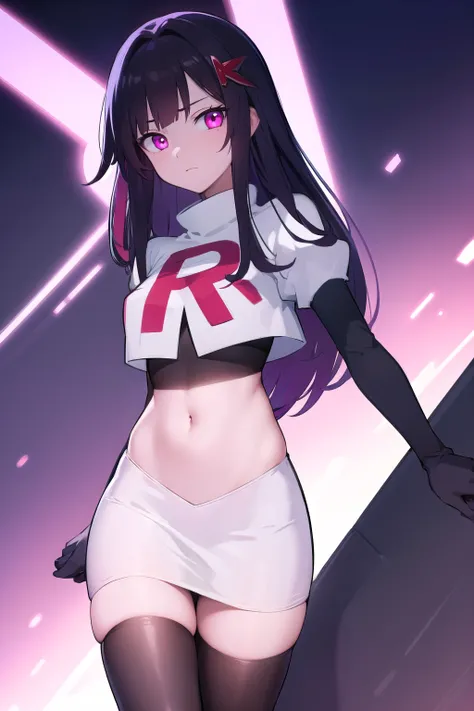 honkaisparkle, black hair, colored inner hair, glasses, hair intakes, hair ornament, hairclip, long hair, multicolored hair, (pink eyes:1.3), purple hair, straight hair, 
BREAK team rocket,team rocket uniform,white skirt,red letter R,crop top,black thigh-h...