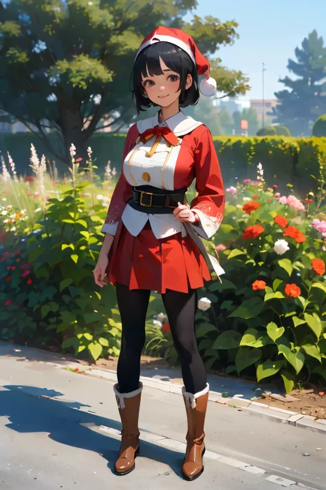 ( high quality,  High Resolution , Super detailed, Realism:1.37), Peaceful atmosphere, ( outdoor, garden),  Teenage Girl Standing Alone, (My breasts are big.), BEAUTIFUL DETAILED FEATURES ,  cute smile, (Black bob hair ),  Santa Claus costume,  red skirt ,...