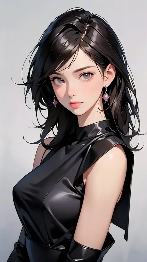 photo realistic ,  lip gloss,  realistic ,  top quality ,  super high res, Depth,  pastel colors , Natural Shading,  focus on the face, Only the face, Watching viewers,  long hair,  black hair, Brown detailed eyes,  black dress,  gloves,  anatomically corr...