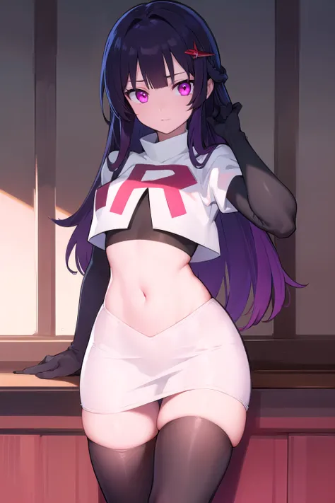 honkaisparkle, black hair, colored inner hair, glasses, hair intakes, hair ornament, hairclip, long hair, multicolored hair, (pink eyes:1.3), purple hair, straight hair, 
BREAK team rocket,team rocket uniform,white skirt,red letter R,crop top,black thigh-h...