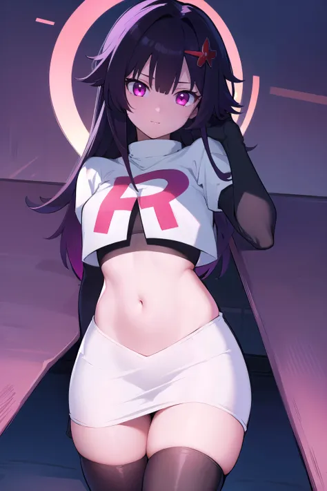 honkaisparkle, black hair, colored inner hair, glasses, hair intakes, hair ornament, hairclip, long hair, multicolored hair, (pink eyes:1.3), purple hair, straight hair, 
BREAK team rocket,team rocket uniform,white skirt,red letter R,crop top,black thigh-h...