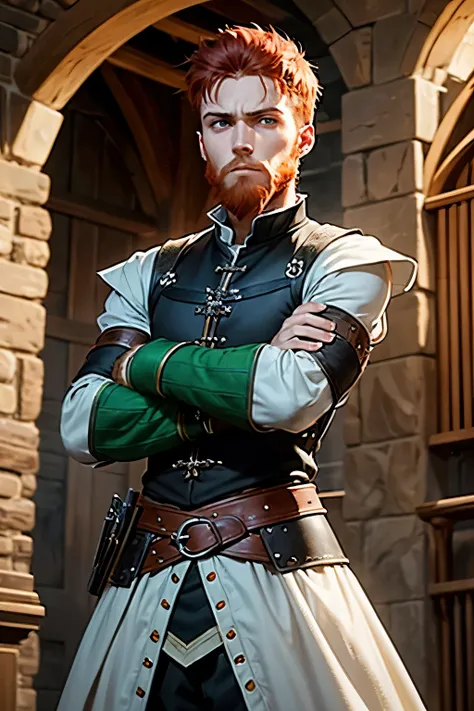  a 20-year-old human male standing with his arms crossed, medieval,  white skin , Light green eyes,  red hair , short red beard, Serious face and wears black medieval clothes, common clothes,  black clothes , very thin man, dark circles,  focus on the face...