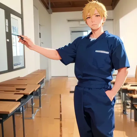 masterpiece, best quality,Japanese manga style,(33 year old male : 1.5) and  (short blonde hair) and (orange eyes), (Worker in Uniform),and(blue Practical Jumpsuit),(confuse:1.2),The background is a conference room,standing,alone