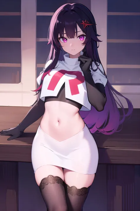 honkaisparkle, black hair, colored inner hair, glasses, hair intakes, hair ornament, hairclip, long hair, multicolored hair, (pink eyes:1.3), purple hair, straight hair, 
BREAK team rocket,team rocket uniform,white skirt,red letter R,crop top,black thigh-h...