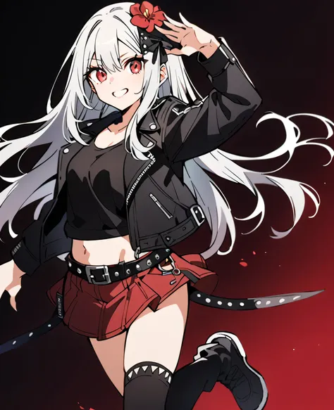 ((Only 1 person)), girl , top quality , top rated on pixiv, Silver Hair, long hair, red eyes,Slanted Eyes,( small tits:0.8), tank top, belly button out,Black leather jacket , red miniskirt ,punk belt , knee-high socks , Small Red Flower Head Accessory,Anim...