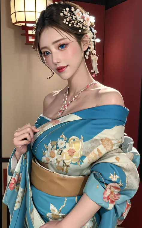  realistic :1.8、 blondes、 Italian、 top quality 、 1 girl、, growing skin 、  professional lighting  , photorealistic、 perfect body、 super high definition 、Ultra-high  realistic  image quality、 Japanese 、(  Off Shoulder Short Length Floral Kimono in front of H...