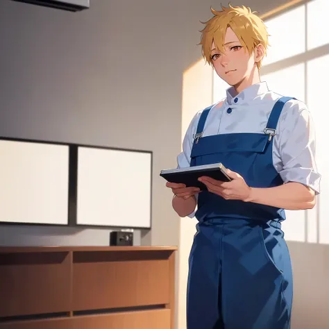 masterpiece, best quality,Japanese manga style,(33 year old male : 1.5) and  (short blonde hair) and (orange eyes), (Worker in Uniform),and(blue Practical Jumpsuit),(confuse),The background is a conference room,standing,alone