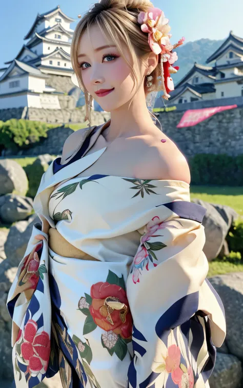  realistic :1.8、 blondes、 Italian、 top quality 、 1 girl、, growing skin 、  professional lighting  , photorealistic、 perfect body、 super high definition 、Ultra-high  realistic  image quality、 Japanese 、(  Off Shoulder Short Length Floral Kimono in front of H...