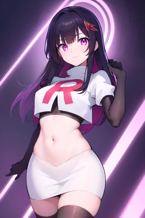 honkaisparkle, black hair, colored inner hair, glasses, hair intakes, hair ornament, hairclip, long hair, multicolored hair, (pink eyes:1.3), purple hair, straight hair, 
BREAK team rocket,team rocket uniform,white skirt,red letter R,crop top,black thigh-h...