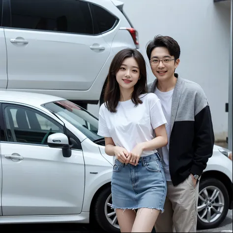 A pair of Korean lovers smiled at the camera. They were standing in front of the avanza car. White wall background with inscription EDITIN LIKE YOU. clear, realistic picture. 8k resolution