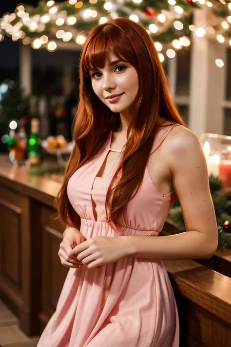 Hot Slavic young woman with long red hair and bangs , wearing very pretty pink dress during Christmas night .