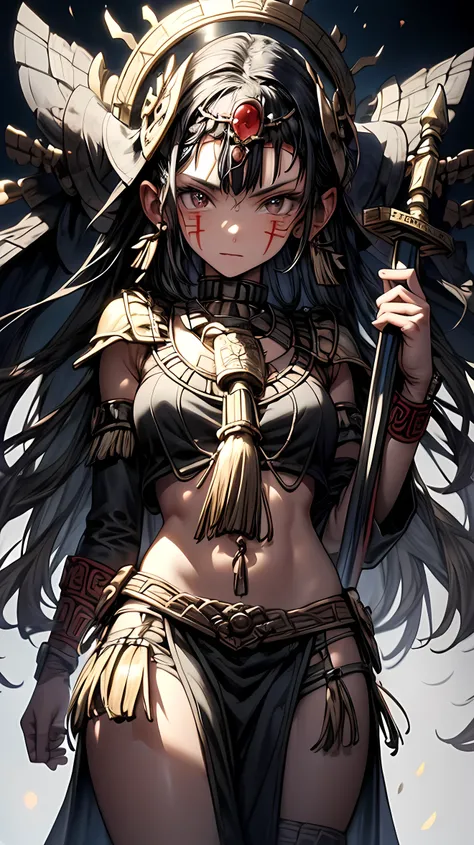 Young Aztec teenager , Ancient Aztec warrior,  brandishing a sword , evil look,  combat posture,  face paint , body painting, sexy,  medium breasts,  Ancient Aztec battle suit and armor,  Aztec pyramid in the background ,  Very detailed and vibrant appeara...