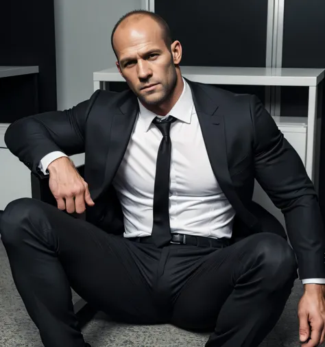  30 year old handsome, One Man,、  muscular、Jason Statham 。  black suit ,black tie、  black slim pants 、 short hair 　、office、 open legs。 sit on the ground、  black suit、black tie、  black slim pants 、  upper body lift with an emphasis on facial expression　Jaso...