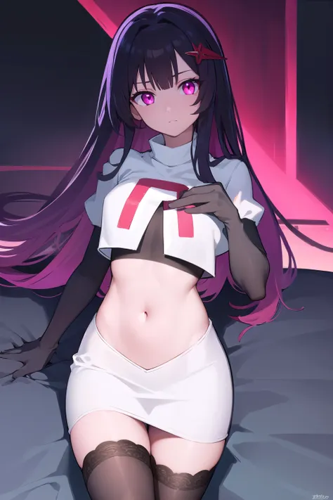 honkaisparkle, black hair, colored inner hair, glasses, hair intakes, hair ornament, hairclip, long hair, multicolored hair, (pink eyes:1.3), purple hair, straight hair, 
BREAK team rocket,team rocket uniform,white skirt,red letter R,crop top,black thigh-h...