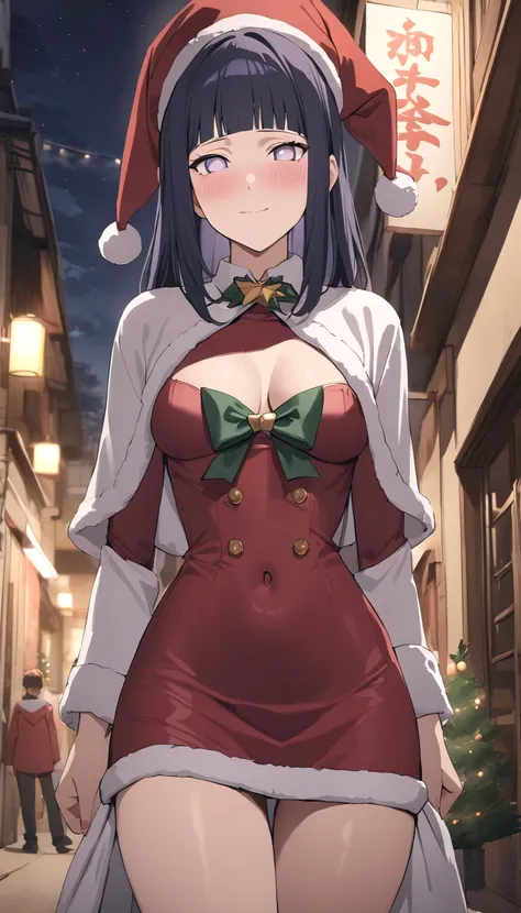 best quality,masterpiece,highres,absurdres,newest,rating: general, (hinata, 1girl, hyuuga hinata, purple eyes,white eyes, blunt bangs), black hair, cristmas red darkbcostume , cosplay, cristmas hat, cristmas costume, blushing , light smile, , cristmas shot...