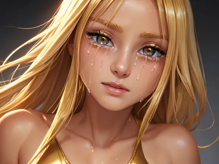 ( crying :1.1), close-up face, (alone:1.5), ( top quality :1.5), (masterpiece:1.5), (8k:1.5),  spotlight, female, 20 years old, long blond hair, (golden shiny one-piece swimsuit:1.2),