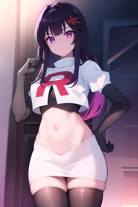 honkaisparkle, black hair, colored inner hair, glasses, hair intakes, hair ornament, hairclip, long hair, multicolored hair, (pink eyes:1.3), purple hair, straight hair, 
BREAK team rocket,team rocket uniform,white skirt,red letter R,crop top,black thigh-h...