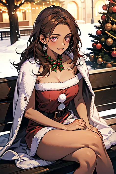  highest image quality taken by Ki,8K wallpaper， above composition .                                                 Female 1,Super beautiful woman，young， look up at viewers ， best smile ，((Brown Skin:1.4)), purple eyes，Pink cheeks ，(( Santa Cosplay))， sit...