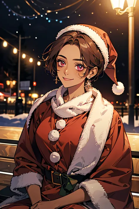  highest image quality taken by Ki,8K wallpaper， above composition .                                                 Female 1,Super beautiful woman，young， Shorthair， look up at viewers ， best smile ，((Brown Skin:1.4)), purple eyes，Pink cheeks ，(( Santa Cos...