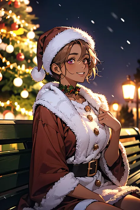  highest image quality taken by Ki,8K wallpaper， above composition .                                                 Female 1,Super beautiful woman，young， Shorthair， look up at viewers ， best smile ，((Brown Skin:1.4)), purple eyes，Pink cheeks ，(( Santa Cos...